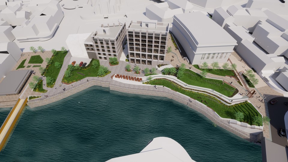Artists impression of Riverside Gardens shown from the air with surrounding buildings