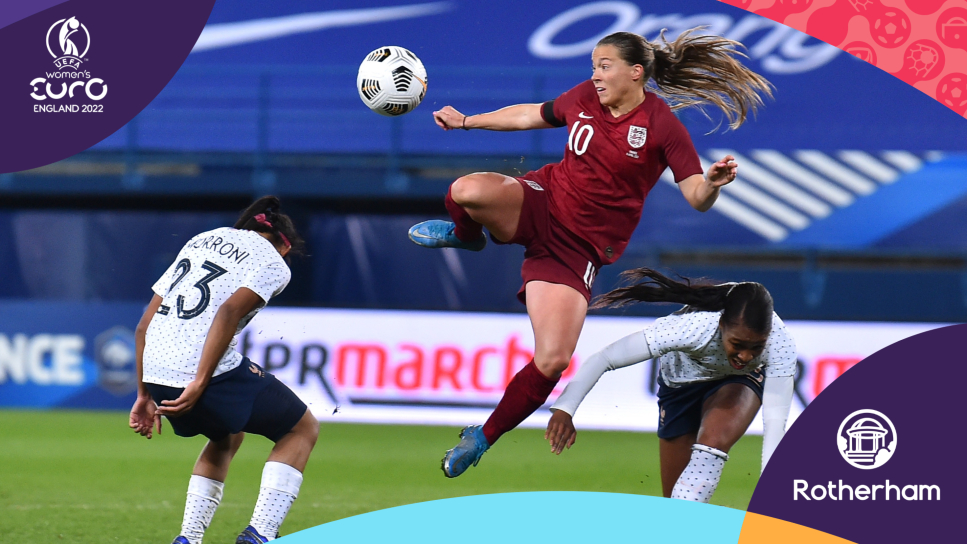 Female football player in red team shirt jumping to kick a ball. image surrounded by UEFA Logos