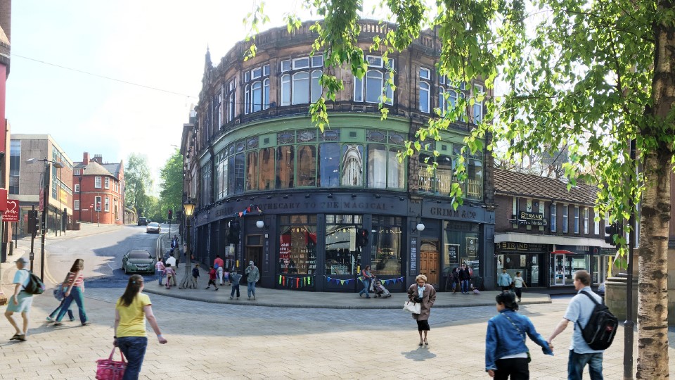 Street scene with shoppers and Grimm and Co in the background